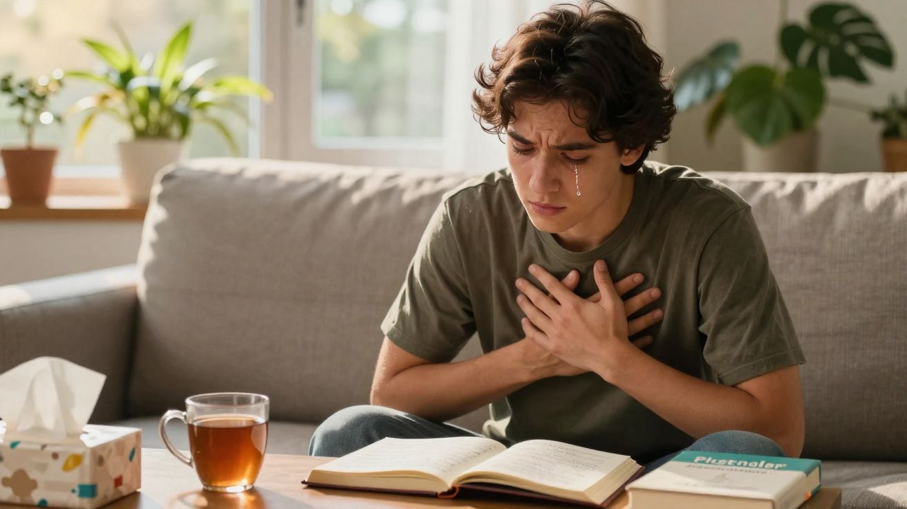 Jovem chorando no sofá com mãos no peito, com livros e chá sobre a mesa na sala iluminada.