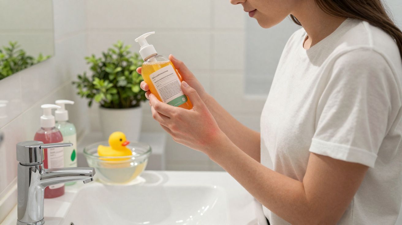 Mulher segurando frasco de sabonete líquido ao lado da pia do banheiro, com pato de borracha ao fundo.