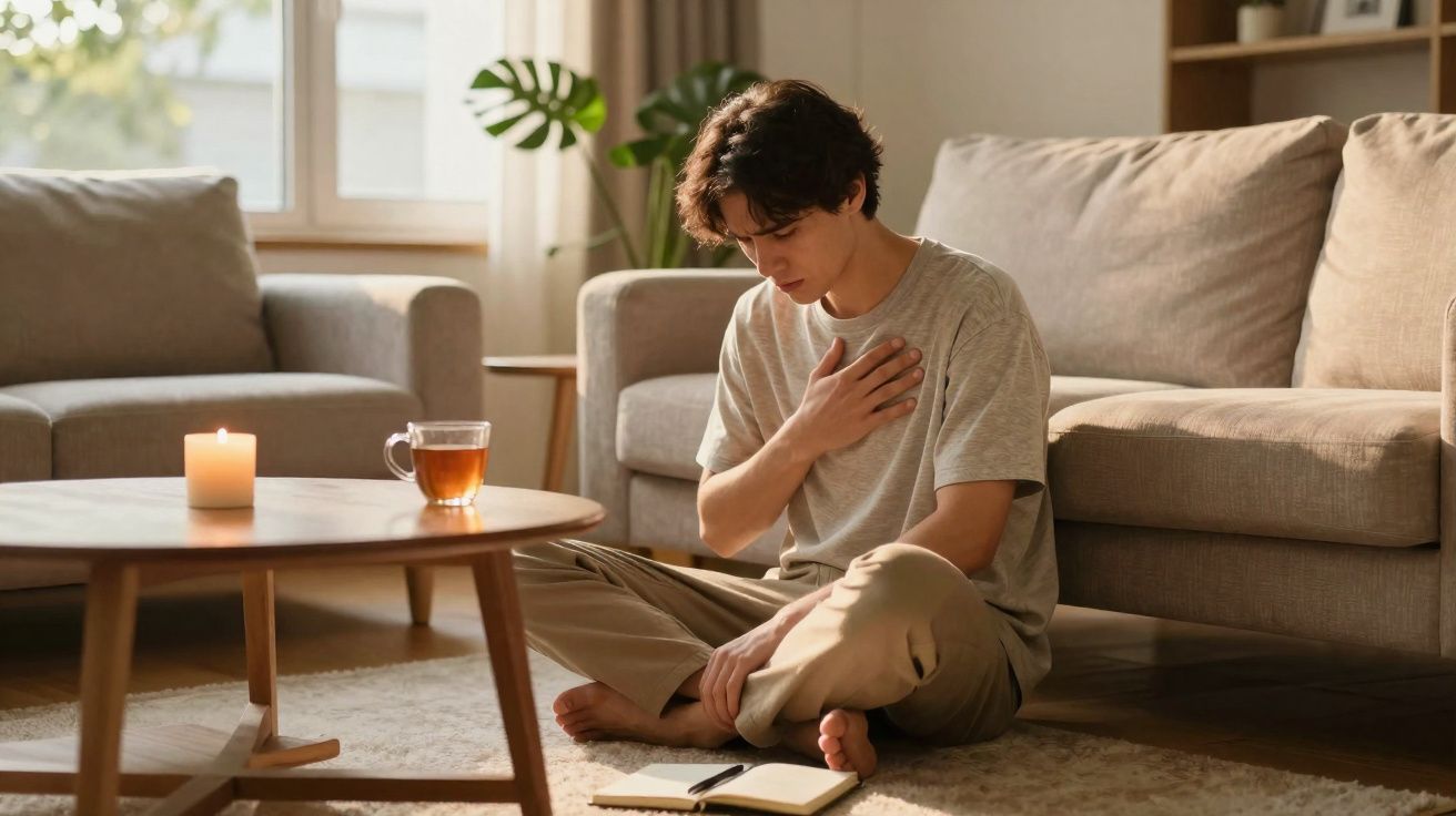 Jovem sentado no chão da sala com mão no peito, olhando para um caderno aberto à sua frente.