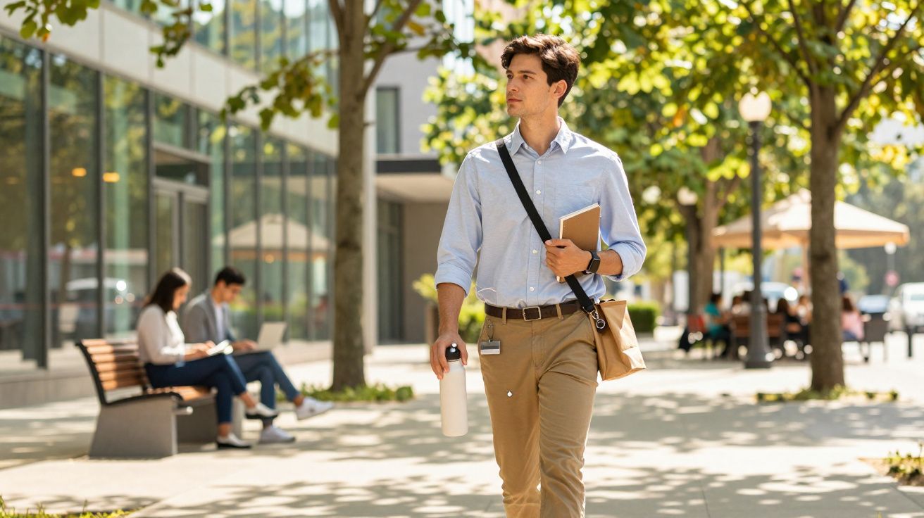 Homem jovem caminhando ao ar livre em rua arborizada, segurando garrafa e notebook, com pessoas ao fundo.