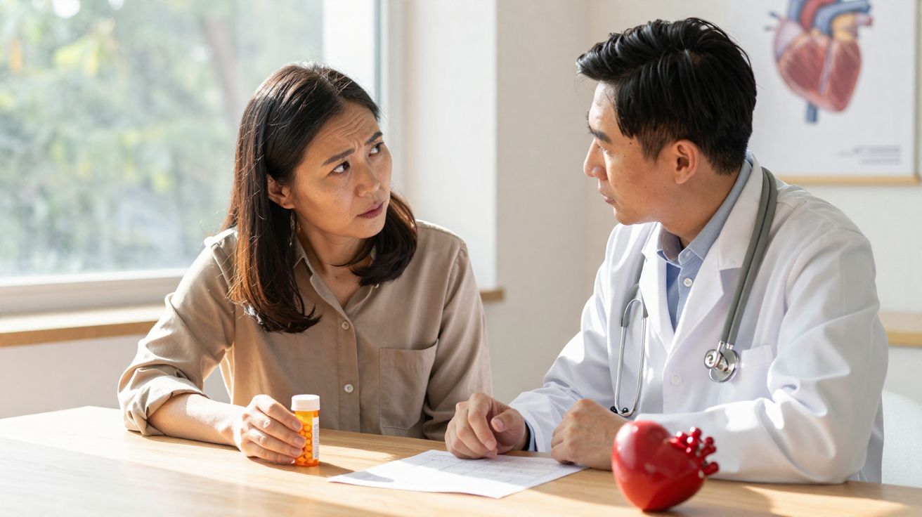 Mulher conversando com médico sobre medicação durante consulta em ambiente clínico iluminado.