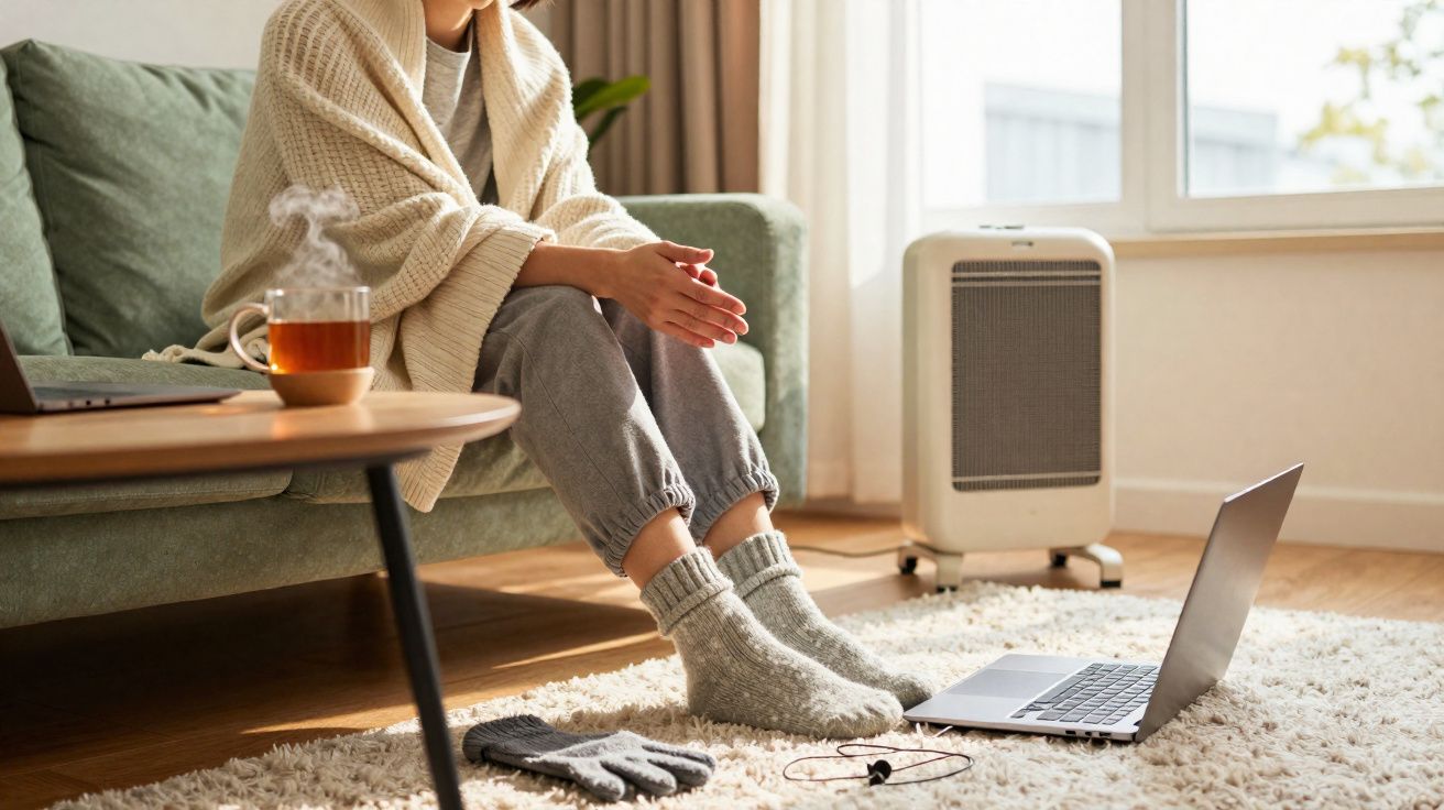 Pessoa vestindo roupas confortáveis sentada no sofá com aquecedor, laptop, e chá quente na sala iluminada.