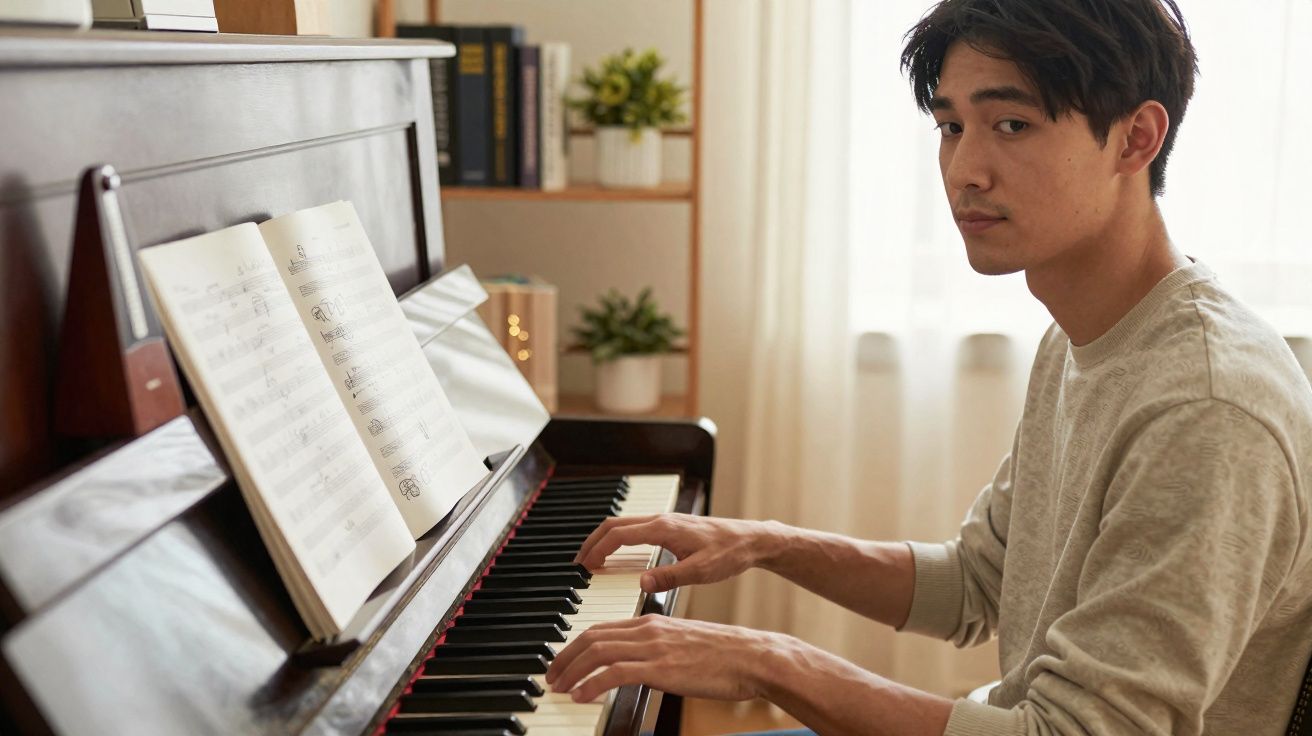 Jovem sentado tocando piano em um ambiente iluminado com plantas ao fundo.