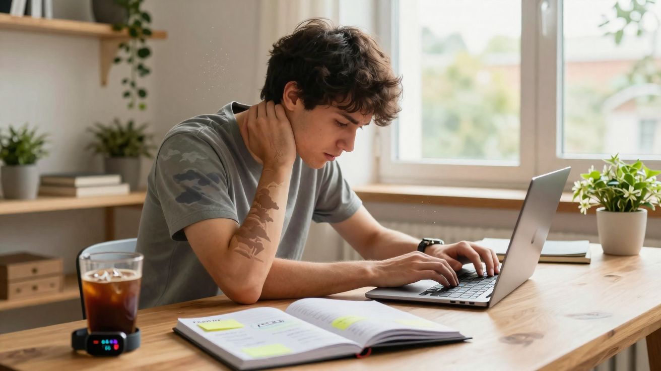 Jovem sentado à mesa esticando o pescoço enquanto trabalha no laptop com livro e bebida ao lado.