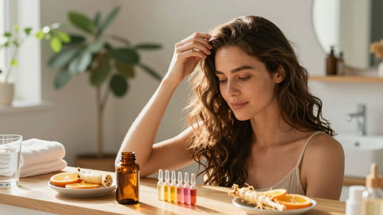 Mulher olhando para frascos com óleos essenciais e frutas em mesa de madeira iluminada.