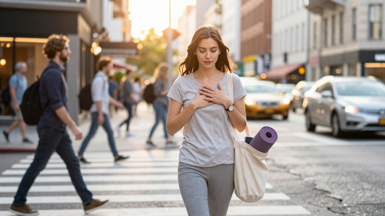 Jovem com roupa casual e bolsa com tapete de yoga atravessa rua movimentada com aparência tranquila.