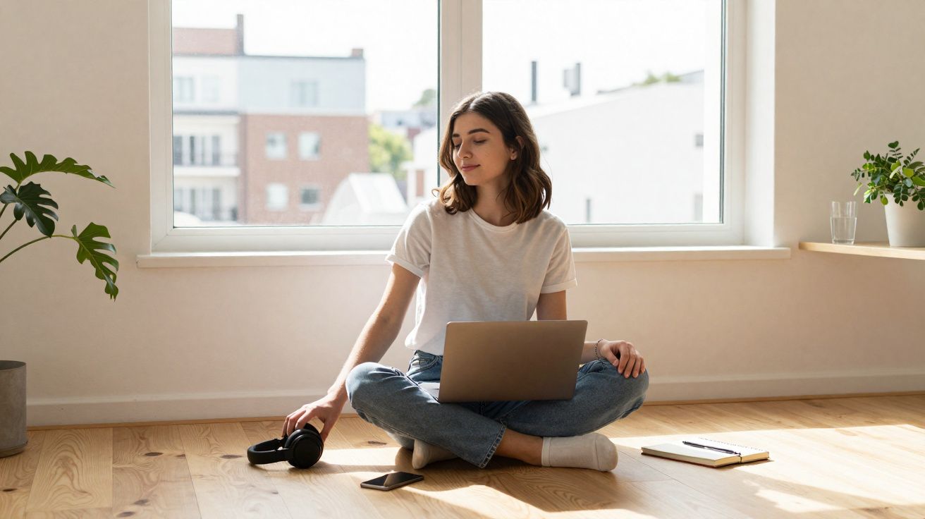 Mulher sentada no chão com laptop, fones de ouvido, celular e caderno em ambiente iluminado por janela.
