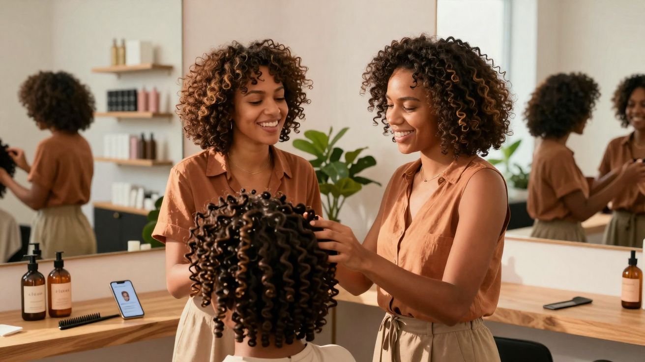 Duas mulheres negras com cabelos cacheados cuidando de cabelo crespo de criança em salão iluminado.