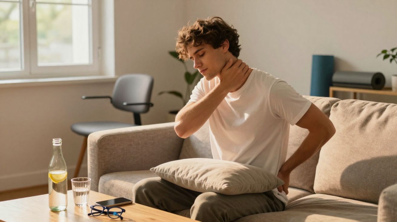 Homem sentado no sofá com expressão de desconforto, segurando o pescoço e a lombar.
