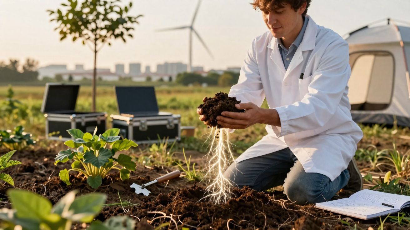 Jovem cientista em campo, analisando raízes de planta com turbina eólica ao fundo.