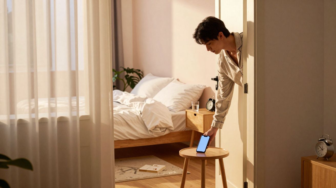 Homem em pijama pega celular sobre banquinho em quarto iluminado pela manhã.