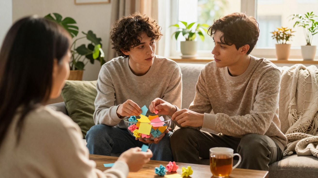 Três jovens sentados em sala, discutindo e escolhendo notas coloridas de um recipiente sobre a mesa.