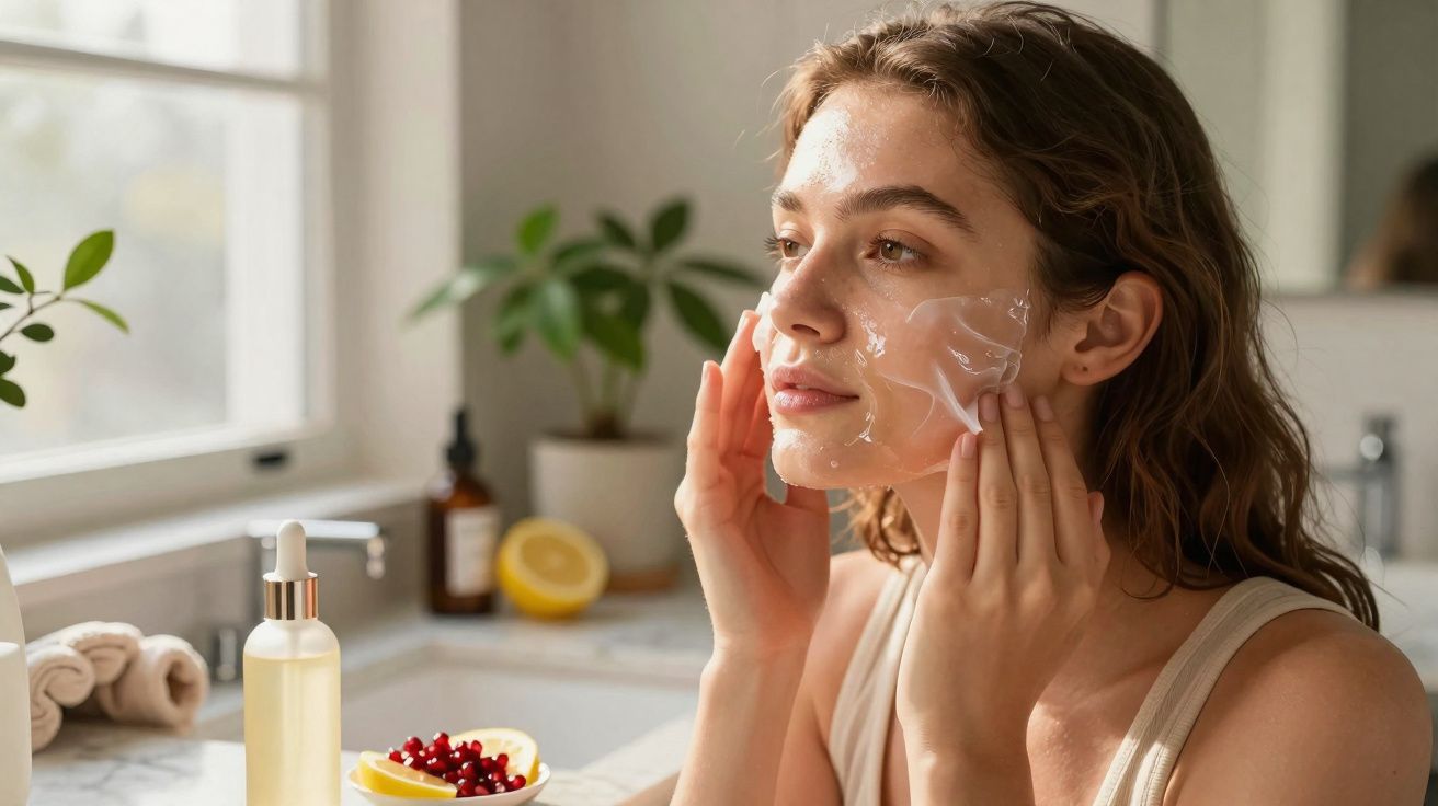 Mulher aplicando creme facial em um banheiro iluminado, com planta e frutas ao fundo.