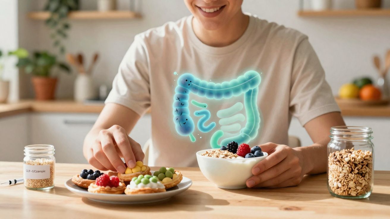 Pessoa sorridente com alimentos saudáveis e ilustração digital do sistema digestivo sobreposto no corpo.