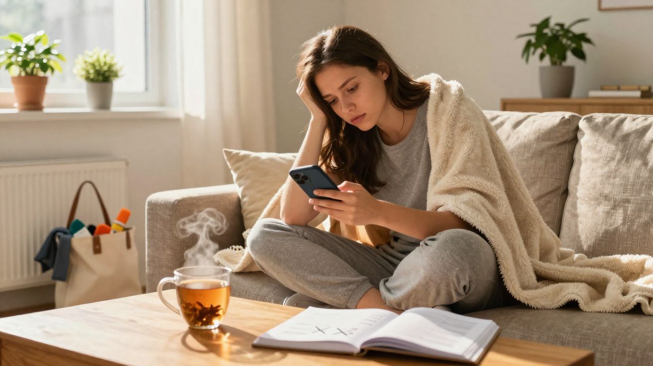 Jovem sentada no sofá com cobertor, olhando preocupada para o celular, com livro aberto e chá na mesa.