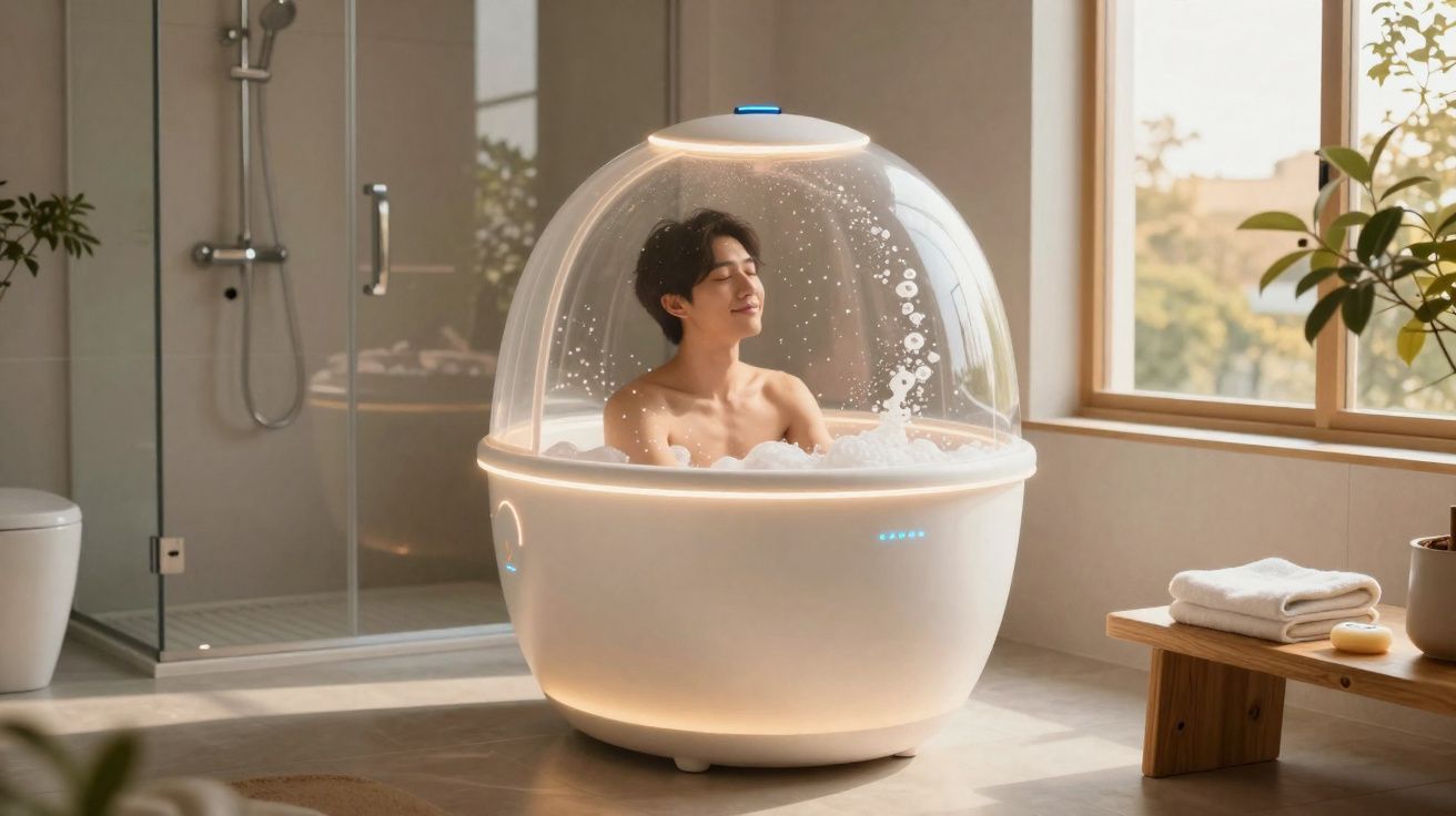 Homem relaxando em banheira moderna com cúpula transparente em banheiro iluminado ao sol.