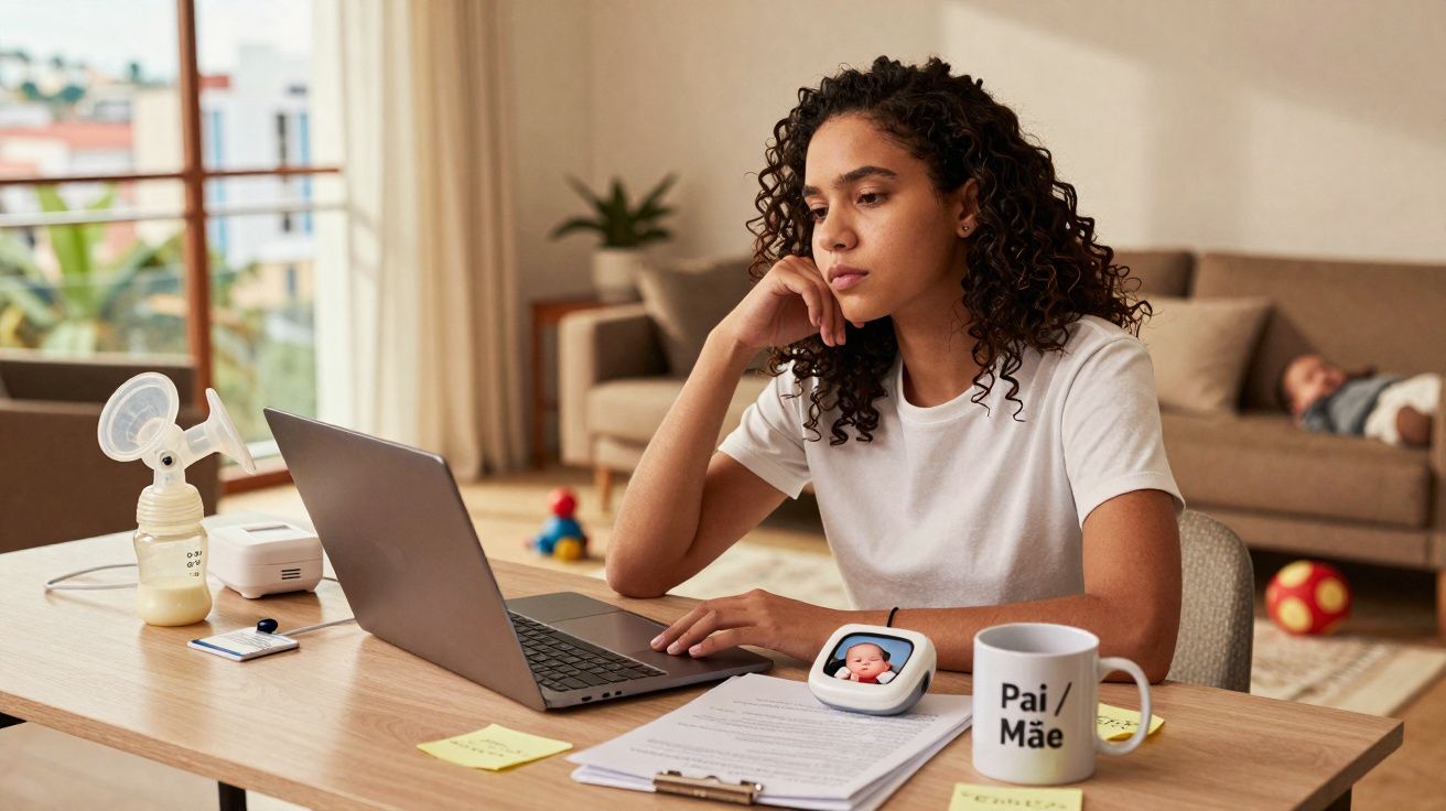 Mulher usando laptop em mesa com bomba de leite, copo escrito Pai / Mãe e monitor de bebê digital.