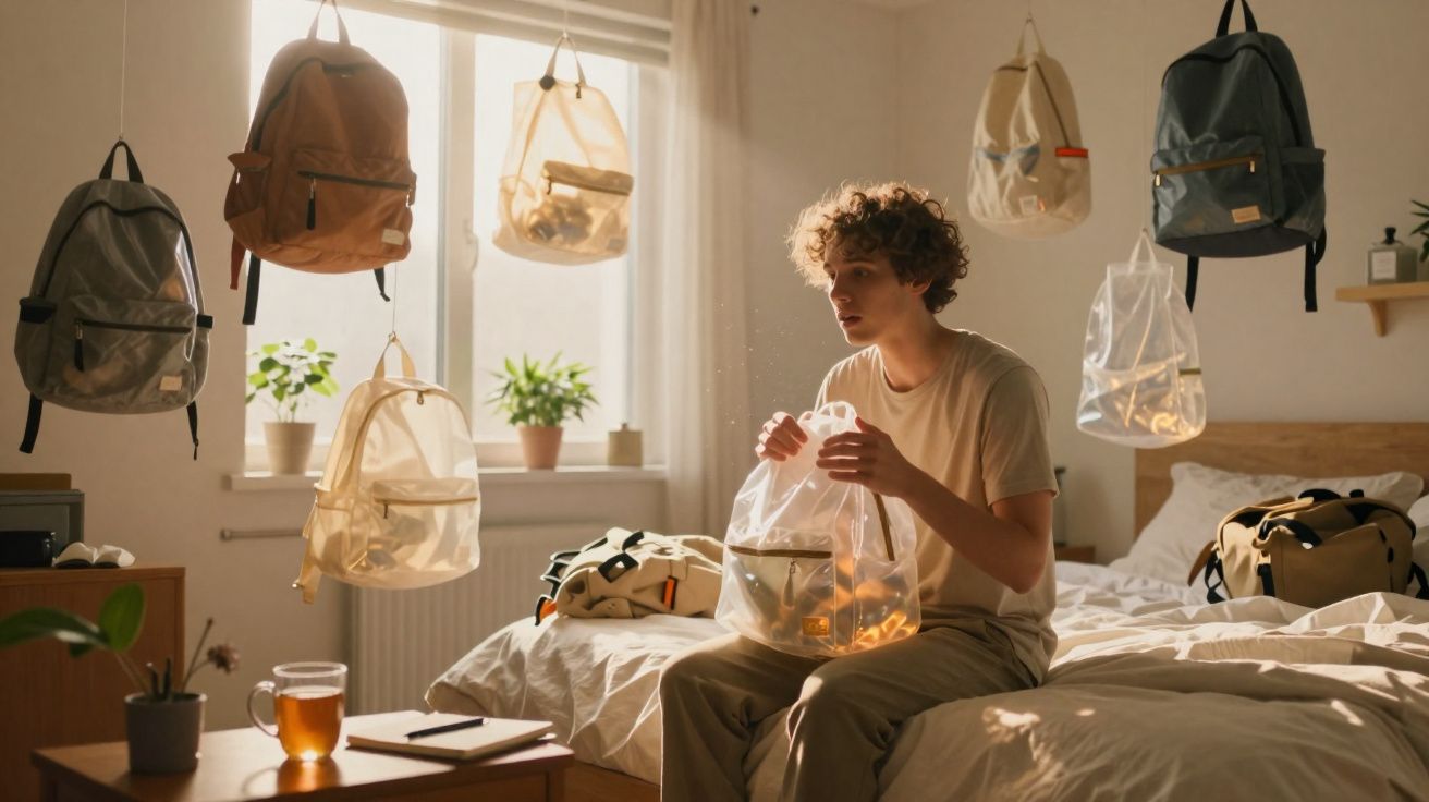 Jovem sentado na cama de quarto iluminado, cercado por mochilas de diferentes cores e estilos suspensas no ar.