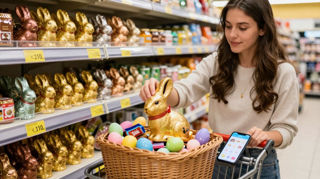Mulher pegando coelho de chocolate dourado em cesta com ovos coloridos em supermercado.