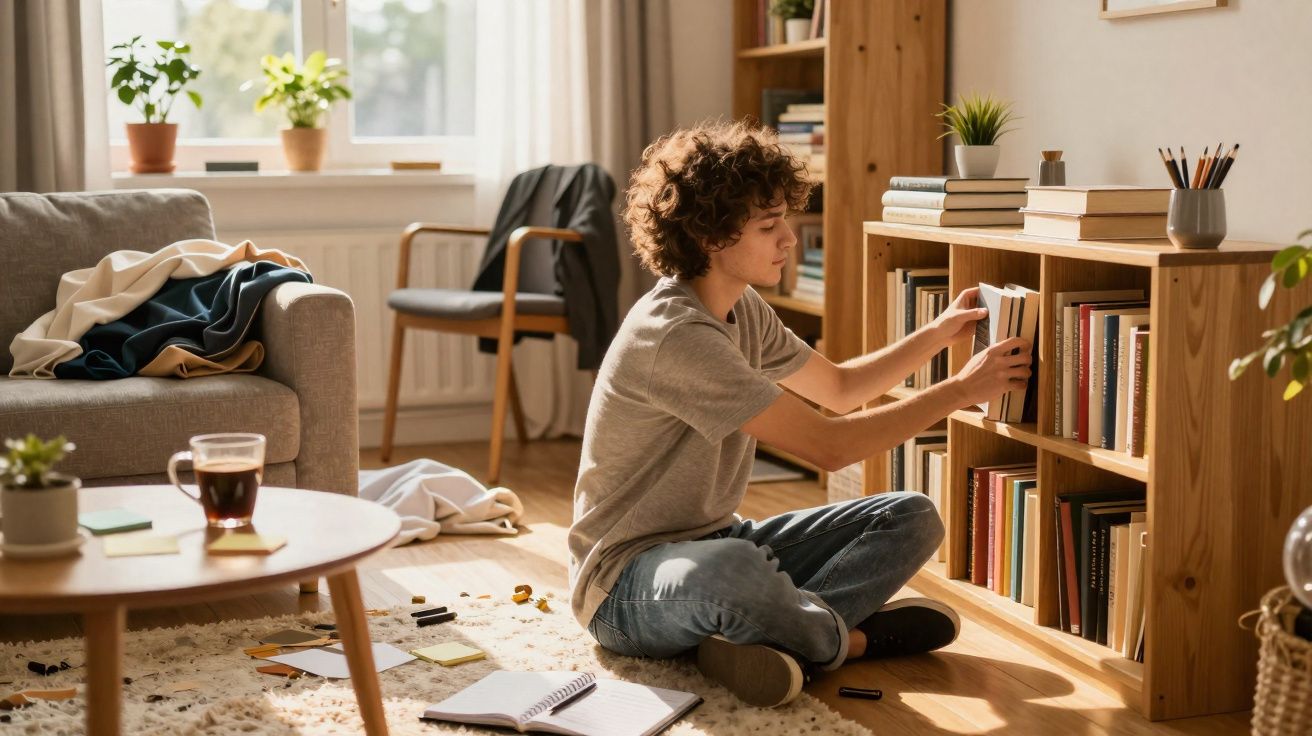 Pessoa jovem sentada no chão organizando livros em estante de madeira em sala iluminada.