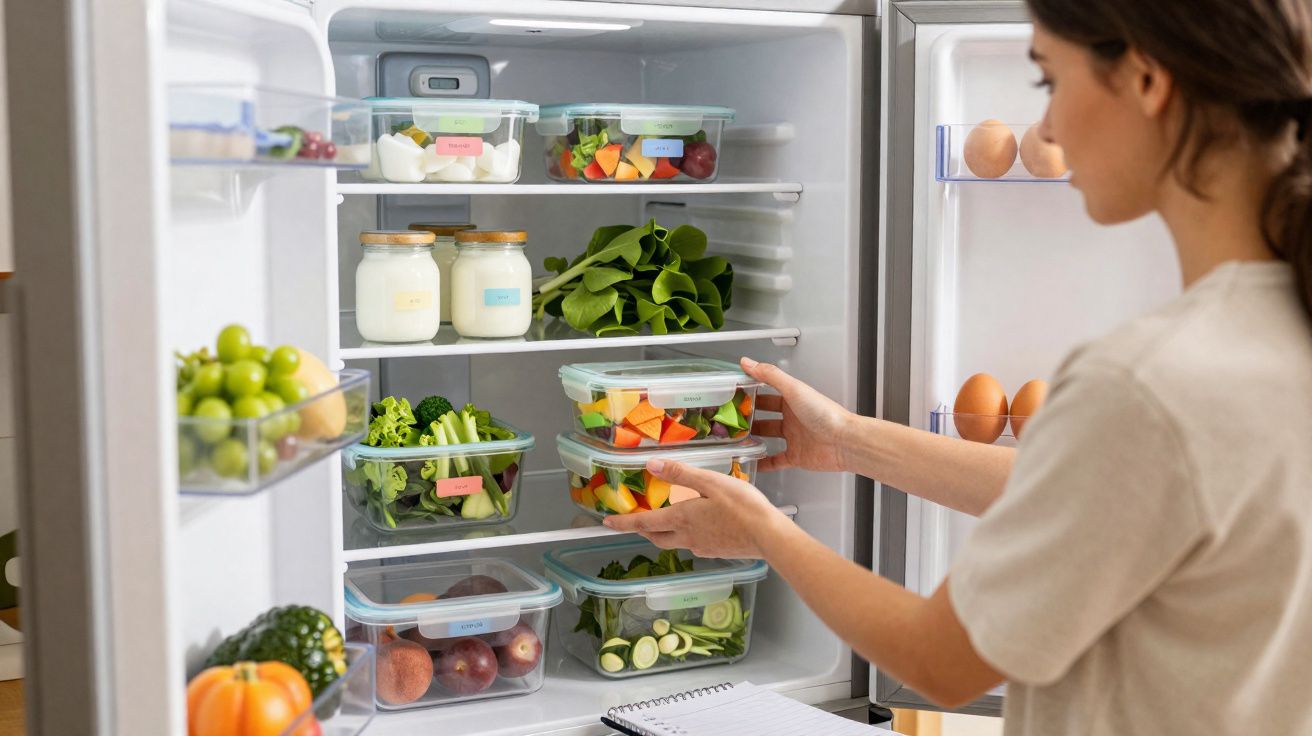 Mulher organizando potes plásticos com alimentos frescos dentro de geladeira branca aberta.