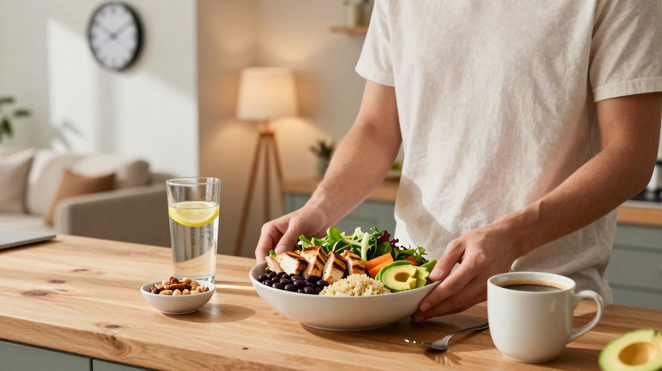 Pessoa segurando tigela com salada, grãos e abacate em cozinha com copo de água e xícara de café na mesa.