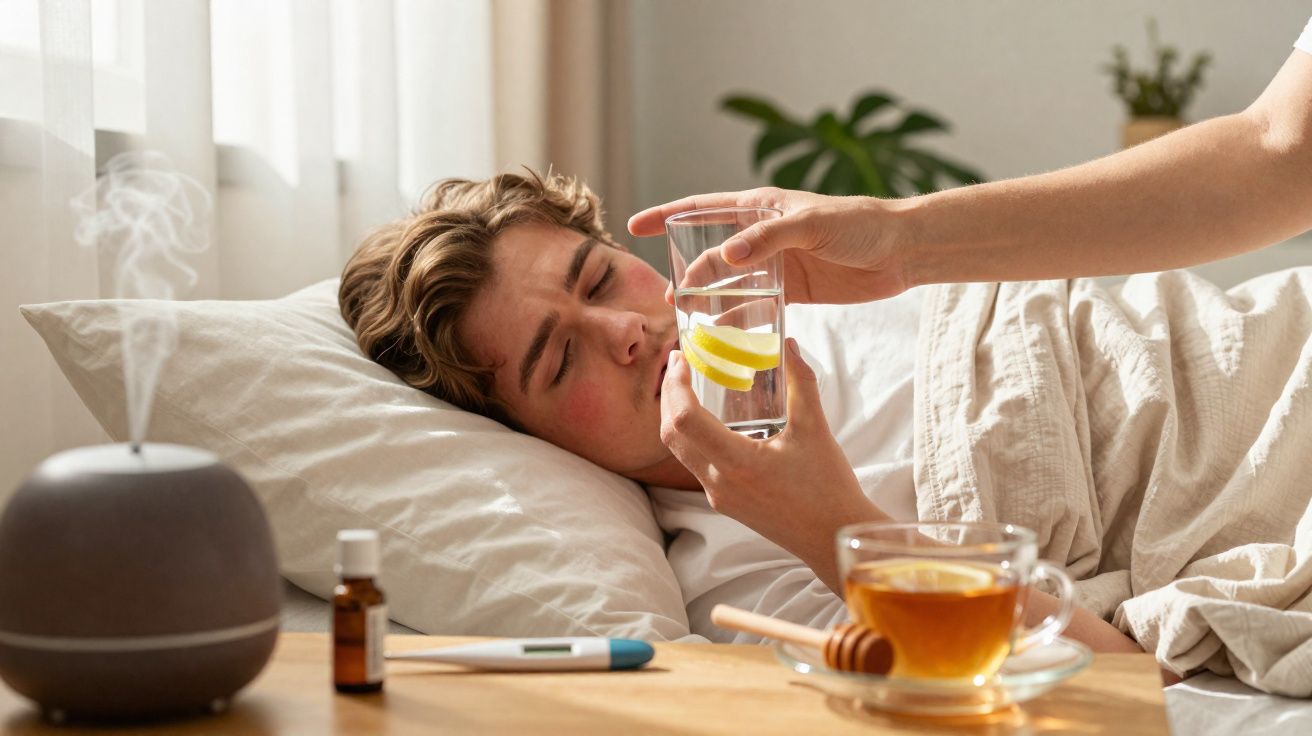 Homem doente deitado na cama recebendo copo com água e rodelas de limão junto a remédios e chá na mesa.