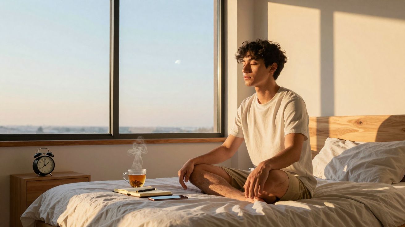Jovem sentado em posição de meditação na cama ao amanhecer, com luz natural entrando pela janela.