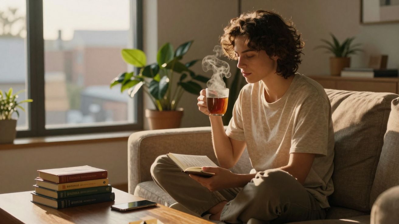 Pessoa sentada no sofá lendo um livro e tomando chá quente em ambiente iluminado.