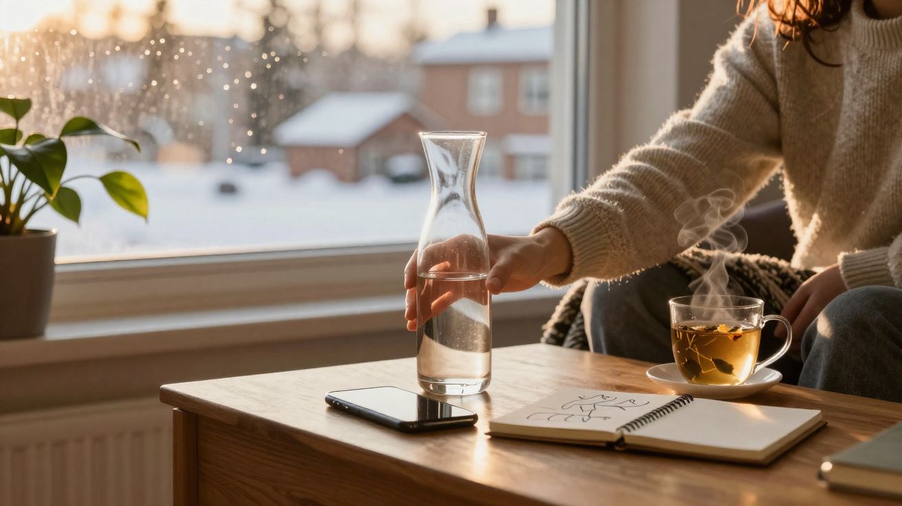 Pessoa sentada com suéter, pegando jarra de água em mesa com xícara de chá quente e caderno aberto.