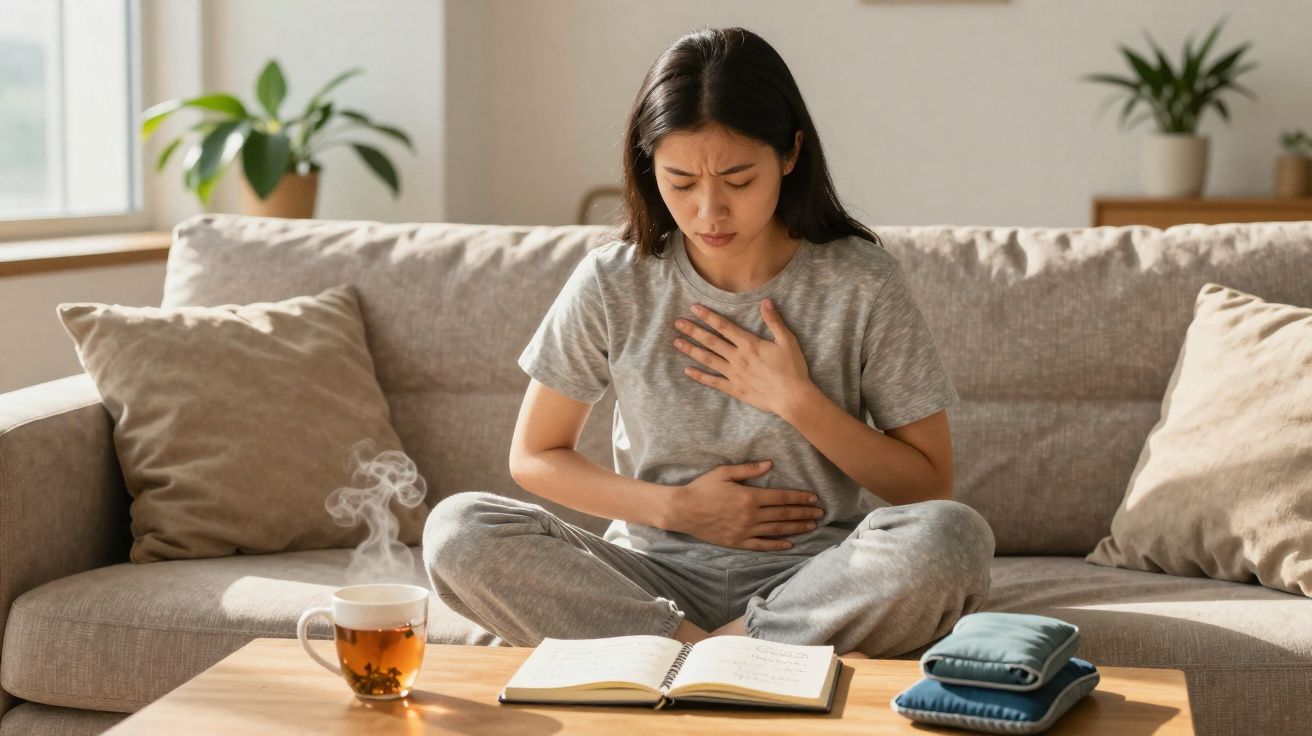 Mulher sentada no sofá com expressão de dor segurando peito e barriga, chá e bolsa térmica na mesa.
