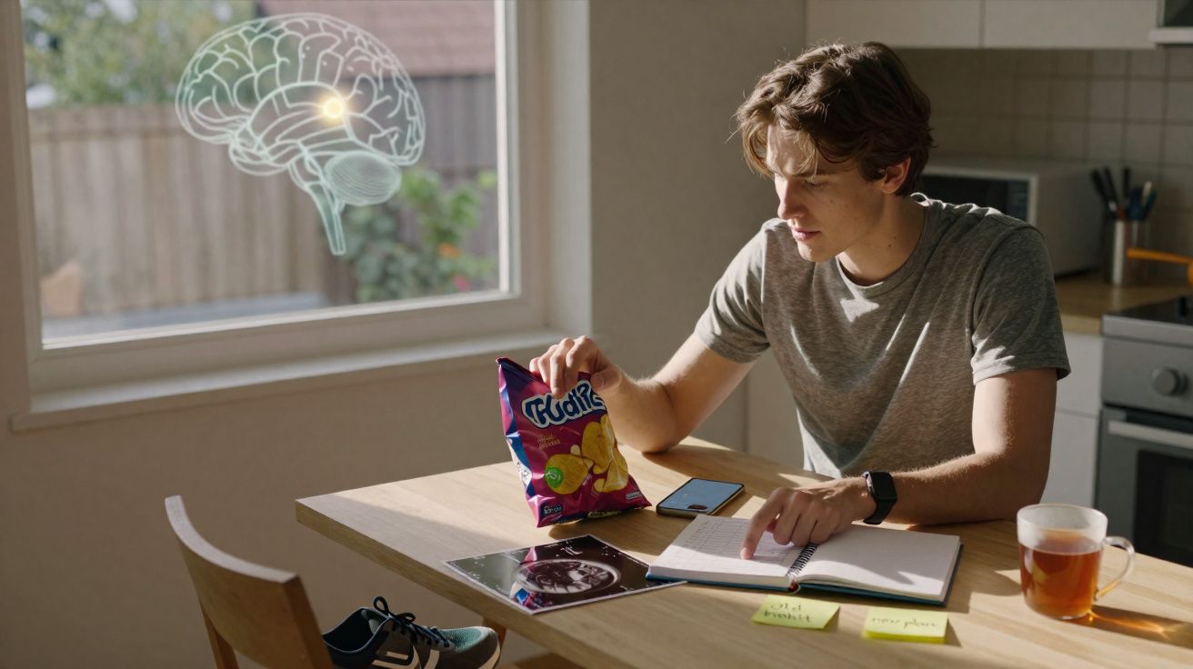 Jovem estudando e comendo batata chips à mesa com ilustração de cérebro na janela ao fundo.