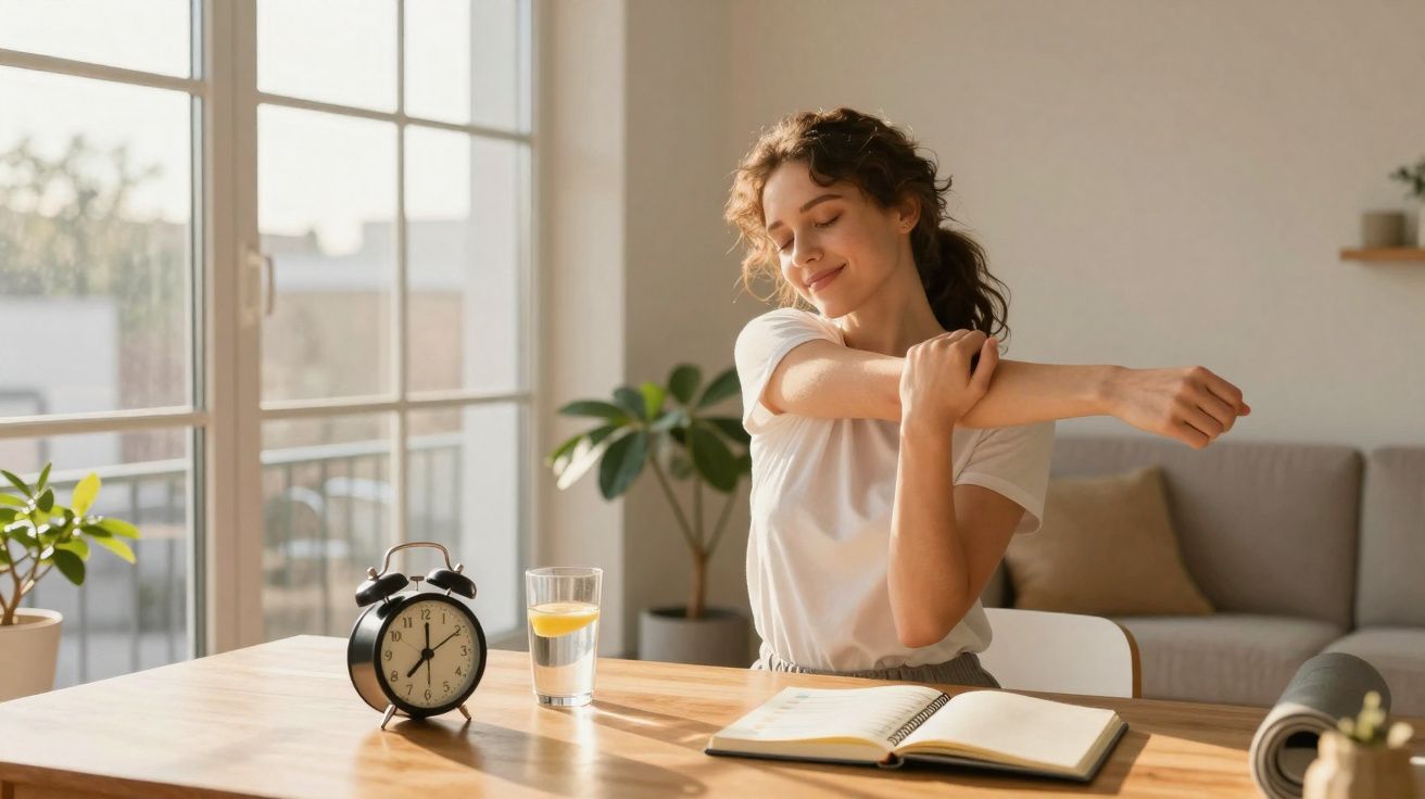 Mulher alongando braço sentado em mesa com livro, copo d'água e relógio em ambiente claro e aconchegante.