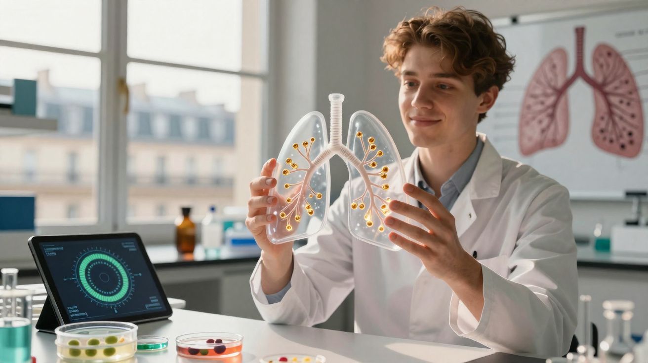 Cientista jovem analisando modelo anatômico de pulmões em laboratório com equipamentos científicos ao redor.