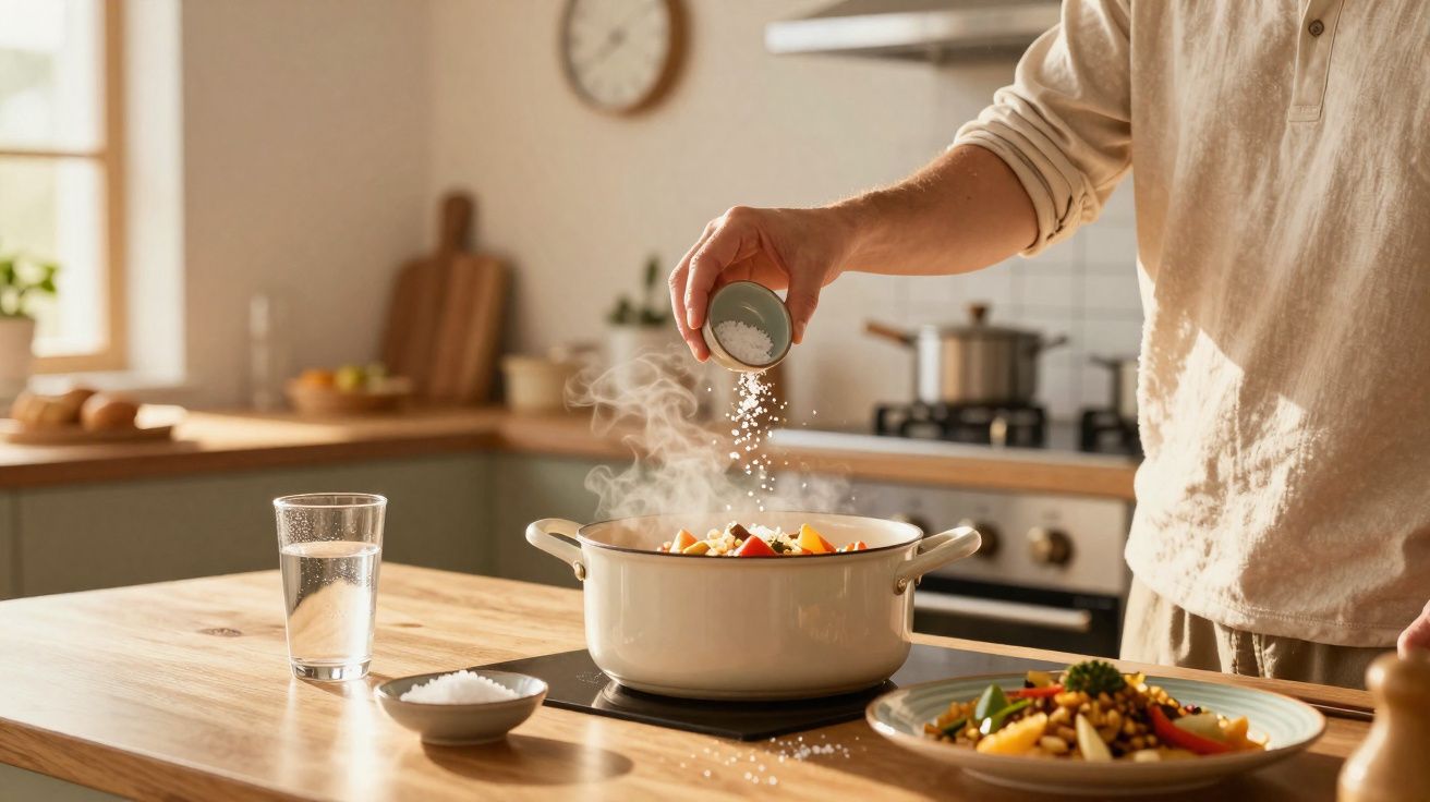 Pessoa adiciona sal em panela com legumes cozinhando em cozinha iluminada pelo sol.