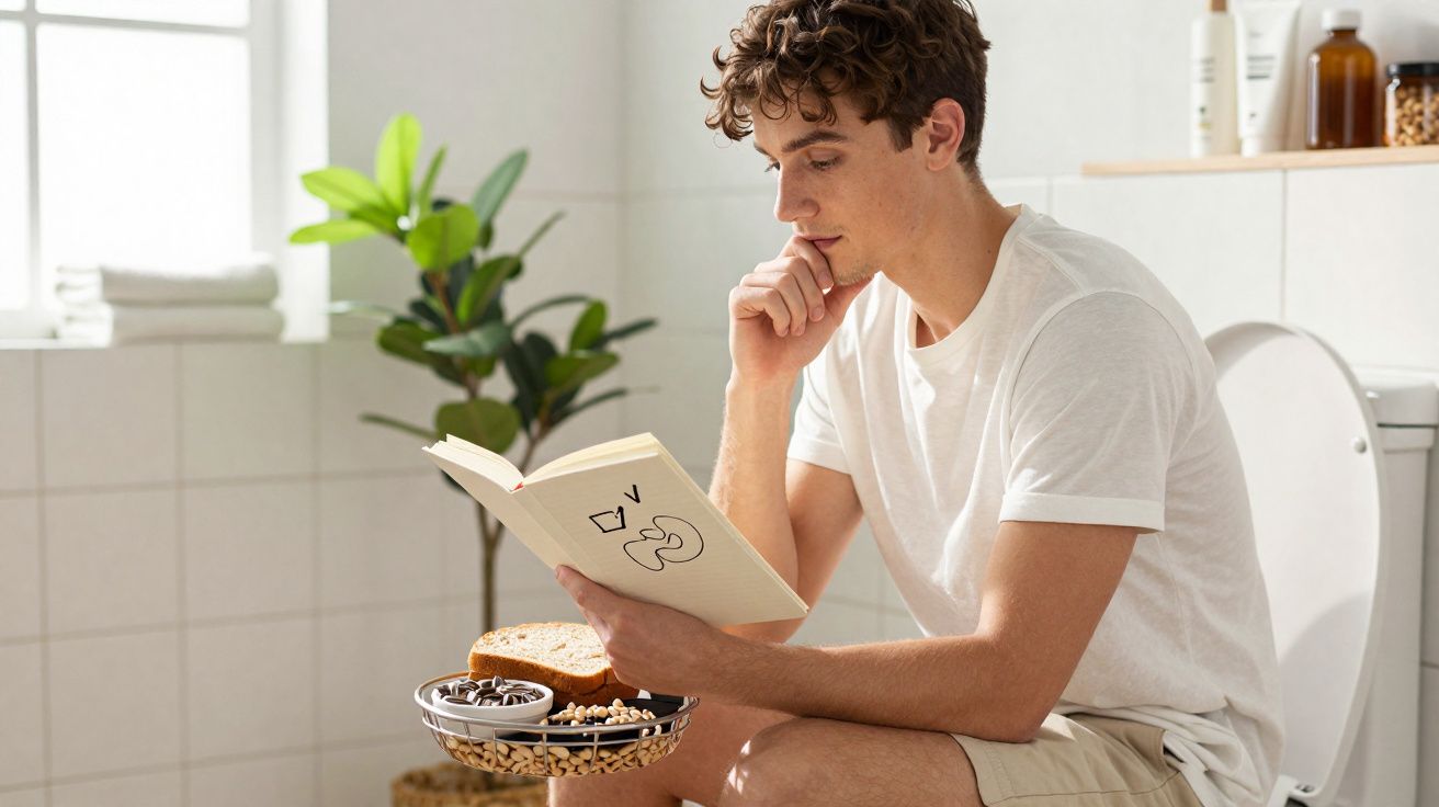 Jovem sentado no vaso sanitário lendo um livro, com cesta de café da manhã no colo em banheiro iluminado.