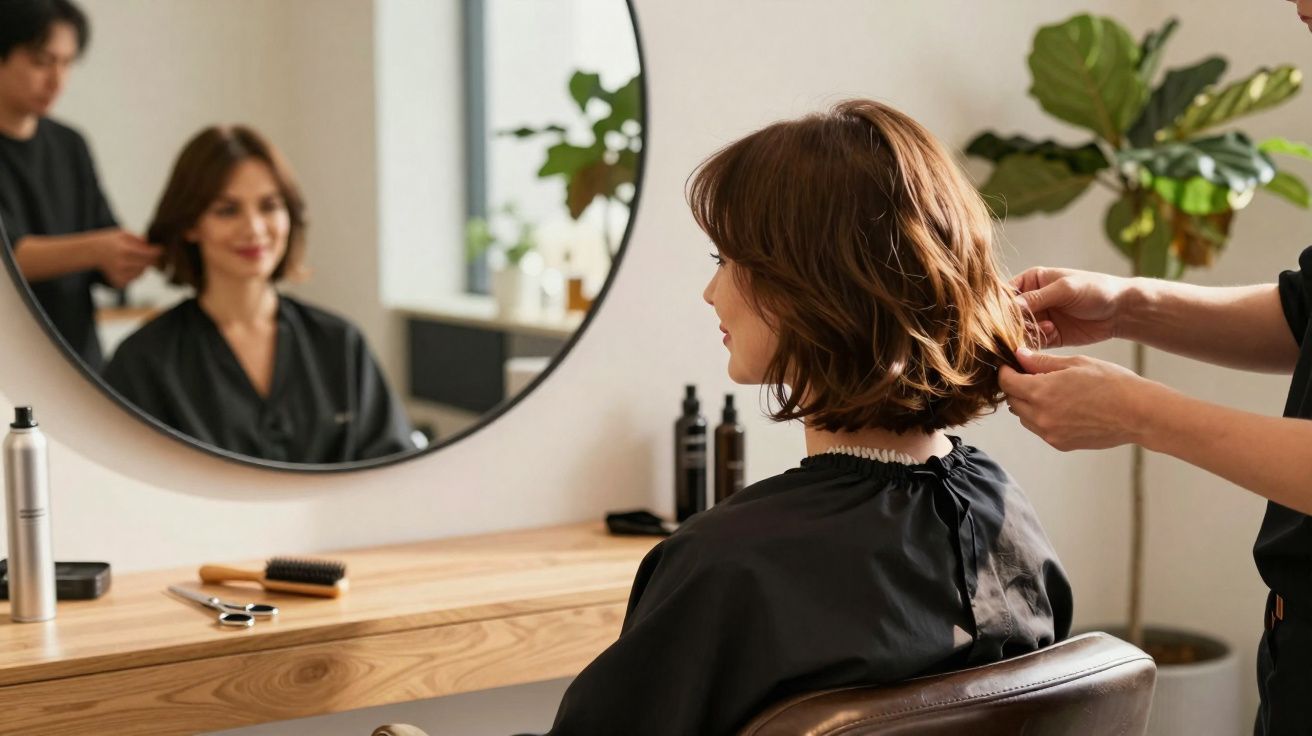 Mulher com cabelo curto sendo atendida por cabeleireiro em salão com espelho e produtos na bancada.
