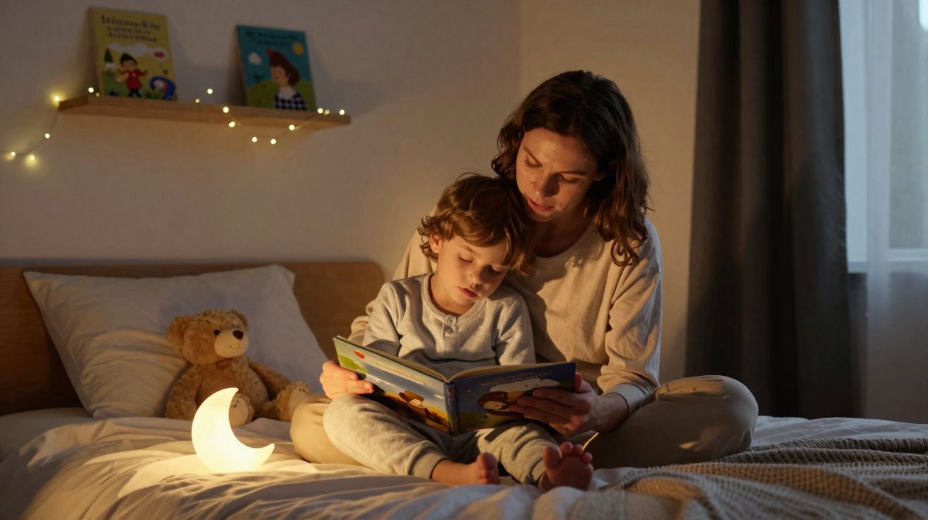 Mãe lendo livro para filho na cama com abajur de lua e ursinho em quarto aconchegante à noite.