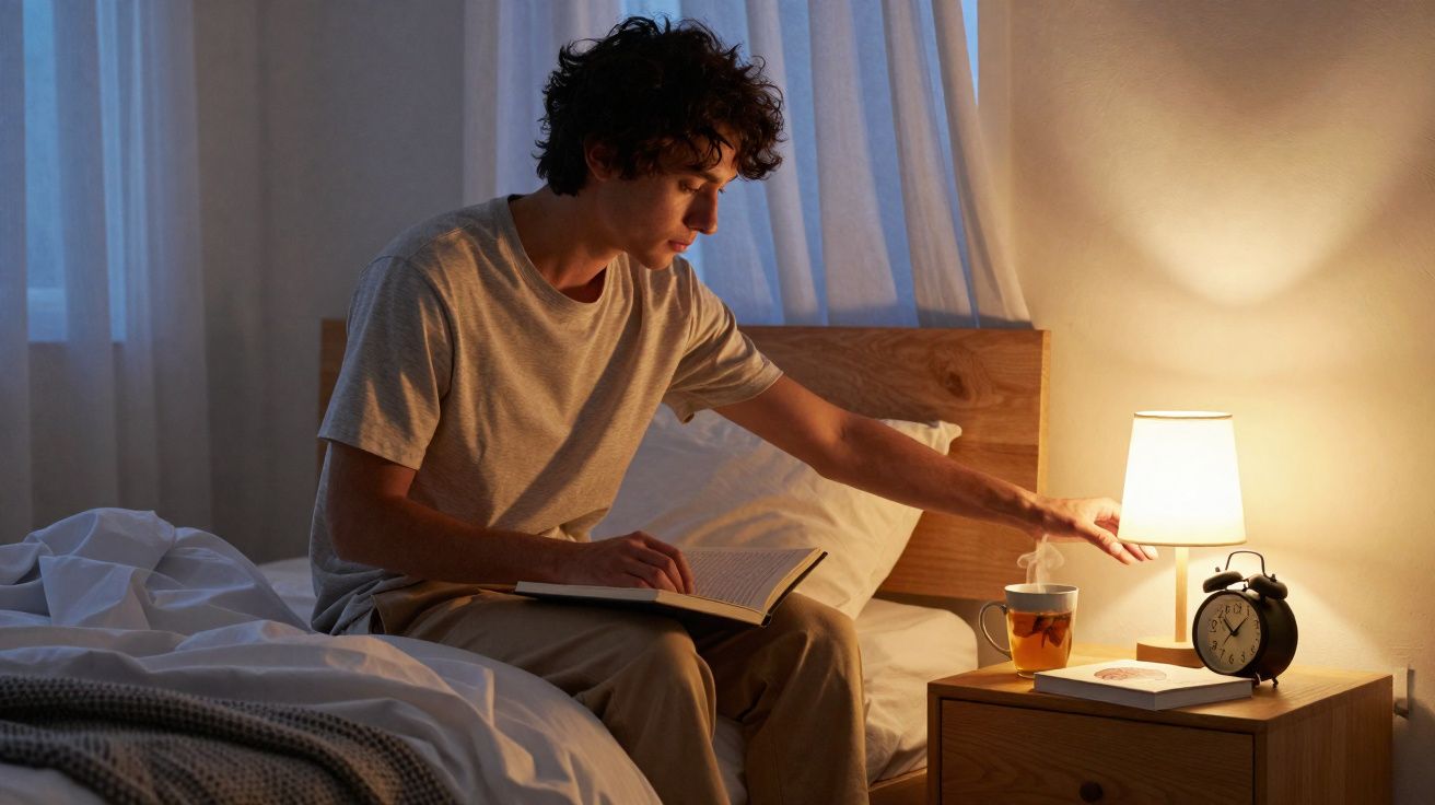Jovem sentado na cama lendo livro e desligando abajur ao lado de mesa de cabeceira com relógio e chá.