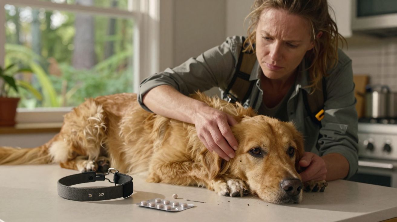 Mulher cuidando de cachorro dourado deitado sobre mesa com remédios e coleira ao lado.