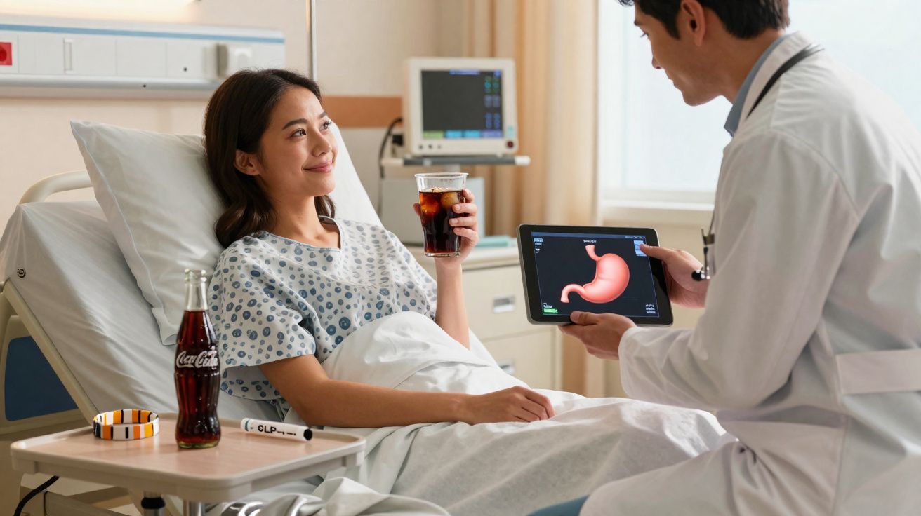 Paciente mulher segura copo de refrigerante no hospital enquanto médico mostra imagem do estômago em tablet.