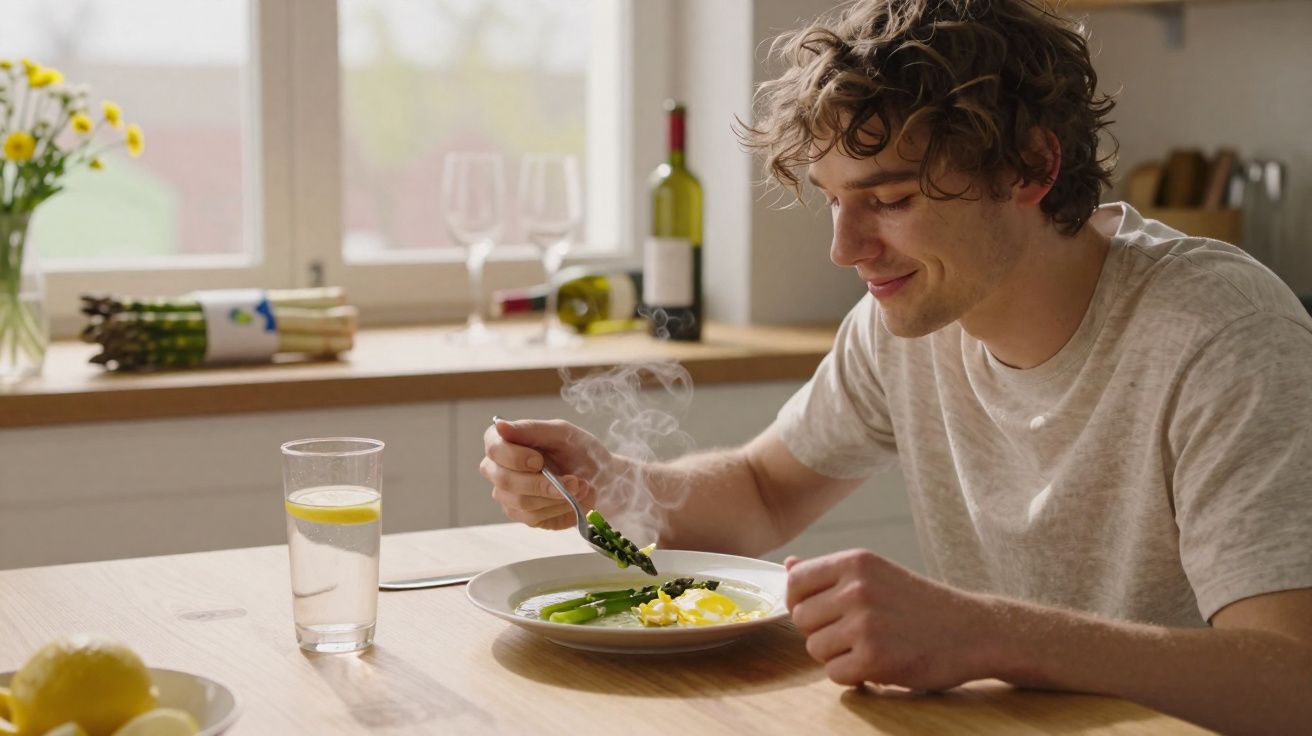 Jovem sentado à mesa comendo ovo estrelado e aspargos frescos em cozinha iluminada.