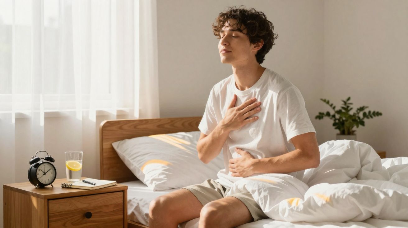 Homem sentado na cama com olhos fechados e mãos no peito e abdômen em ambiente iluminado pela manhã.