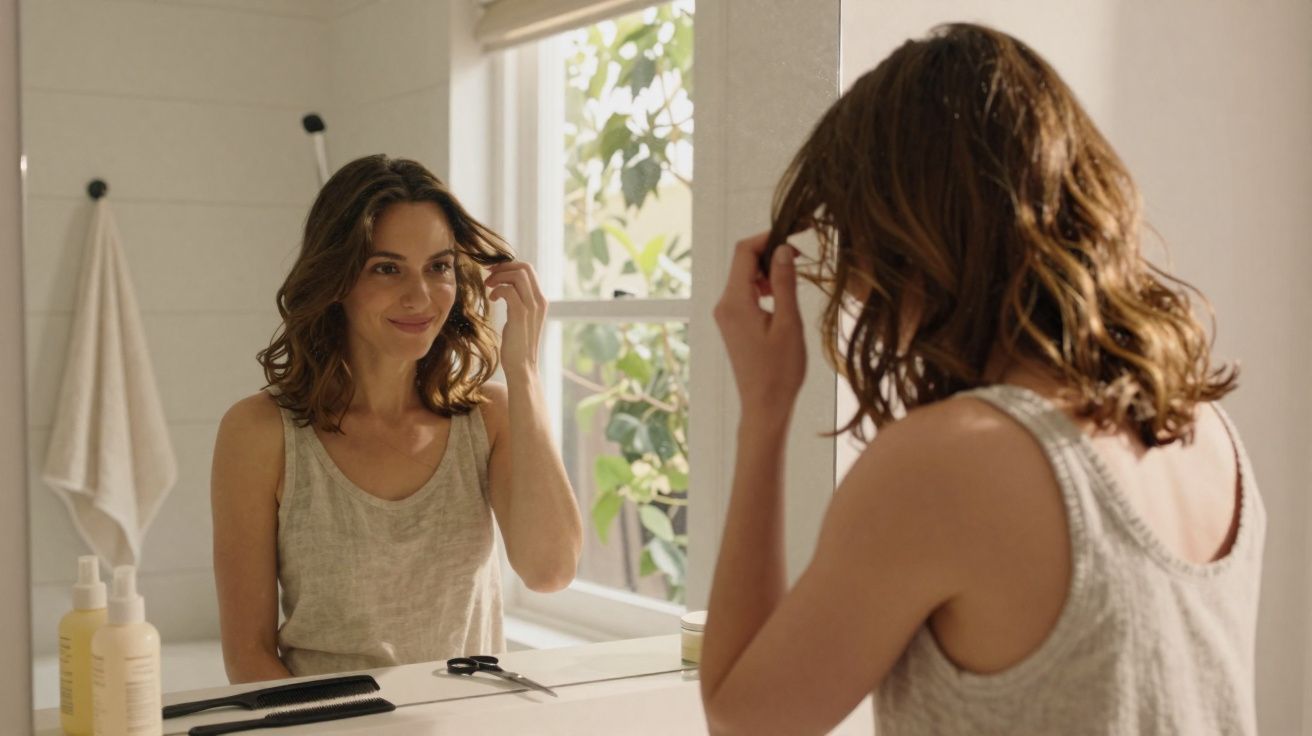 Mulher olhando no espelho do banheiro, ajustando o cabelo com expressão tranquila, luz natural entrando pela janela.