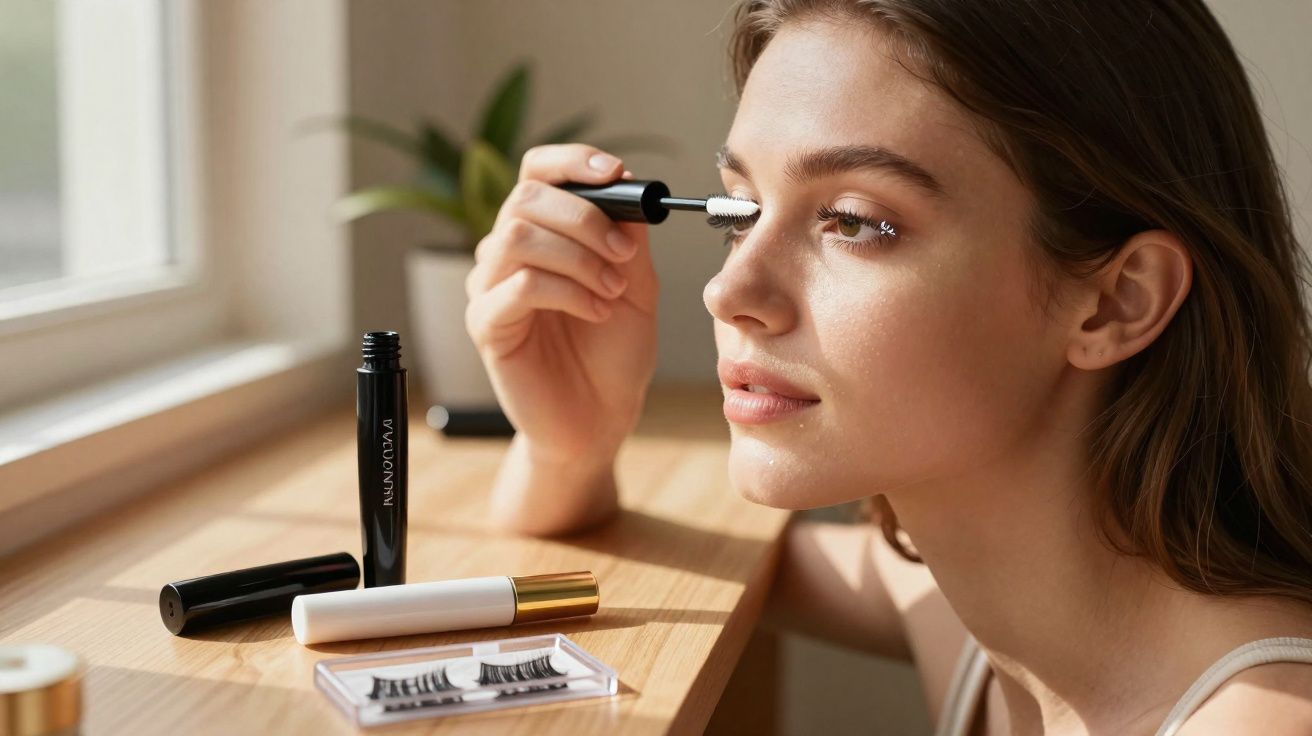 Mulher aplicando máscara de cílios enquanto se olha em janela com itens de maquiagem sobre mesa de madeira.