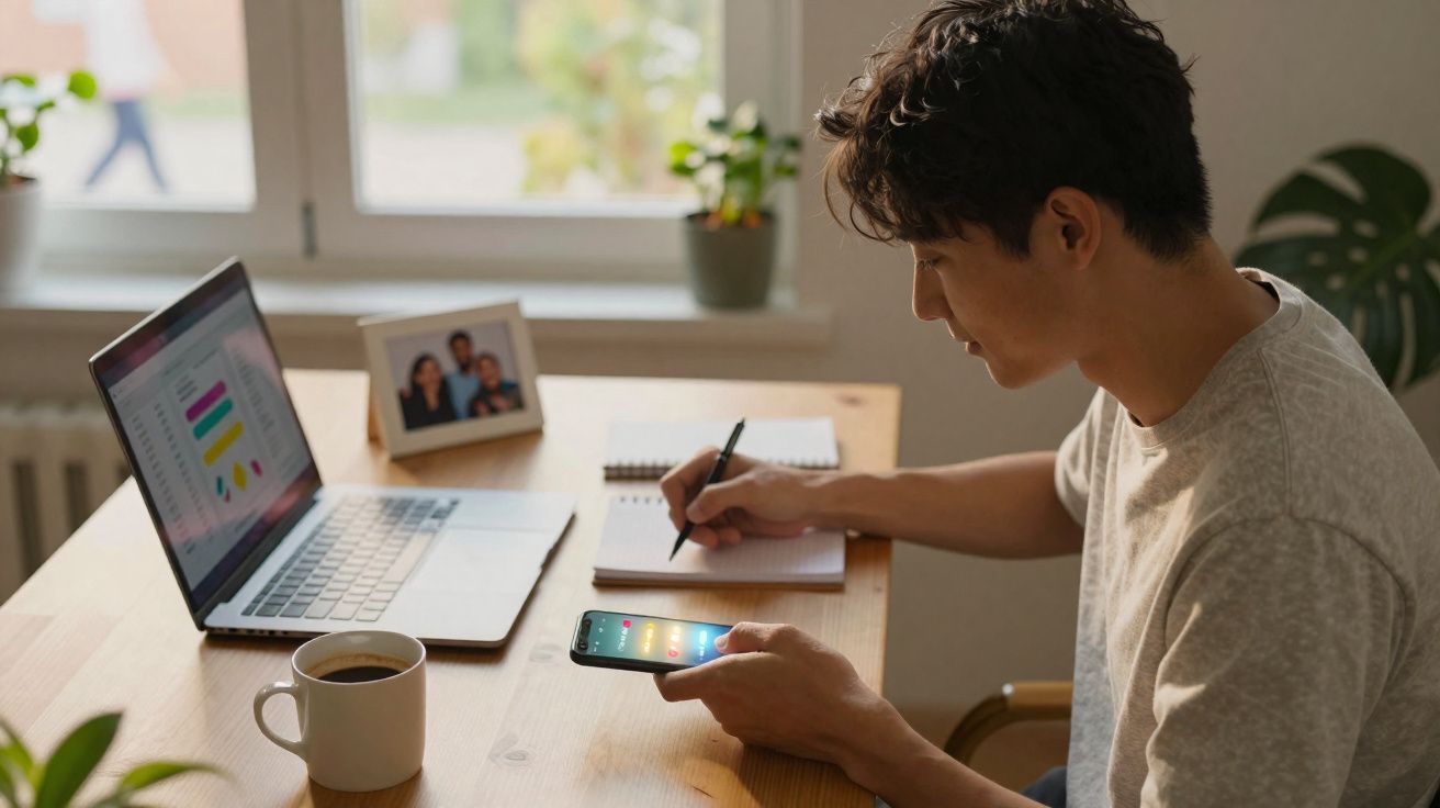 Homem sentado em mesa, segurando celular e escrevendo em caderno, com laptop e café à sua frente.