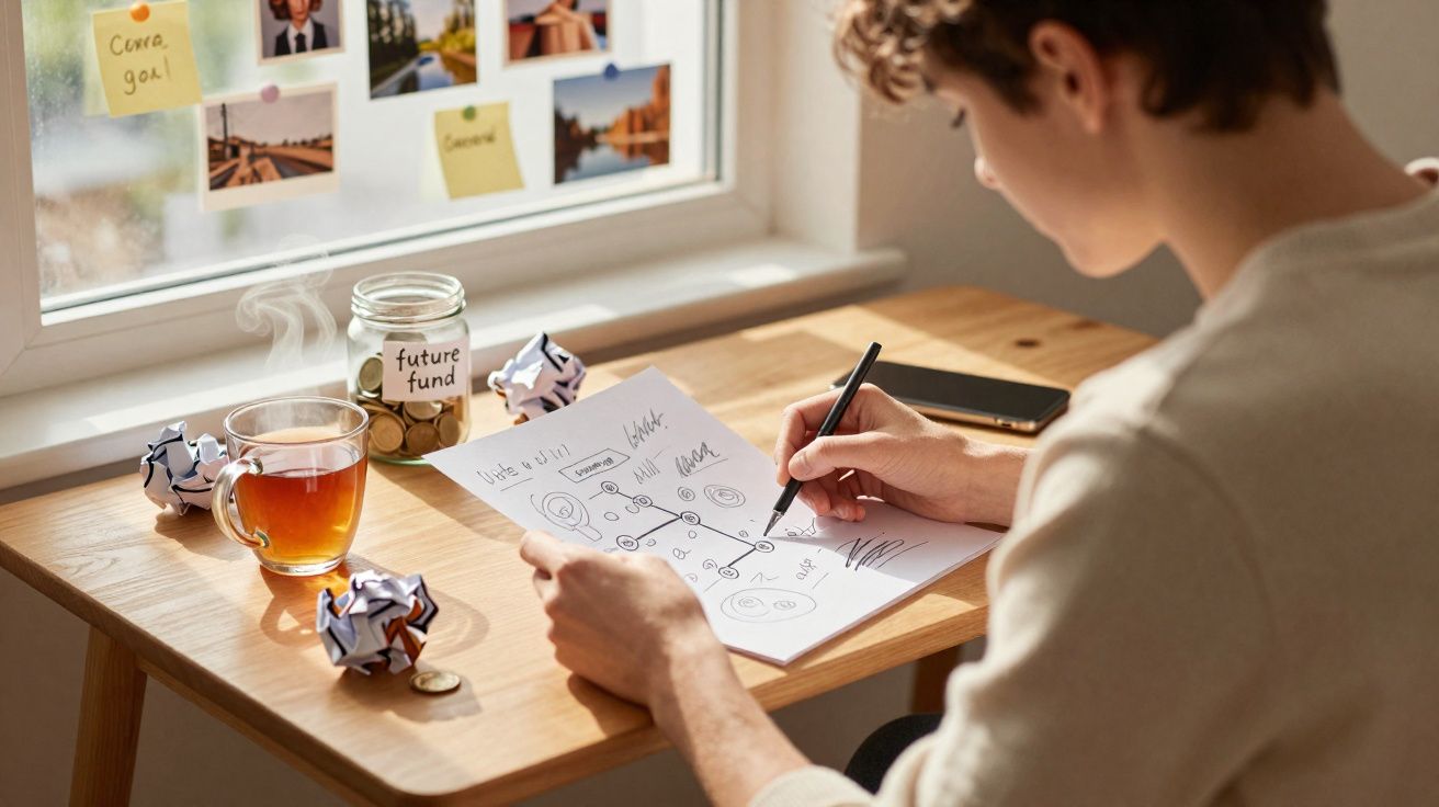 Pessoa desenhando plano financeiro em papel, com cofrinho, chá quente e bolas de papel amassado na mesa.