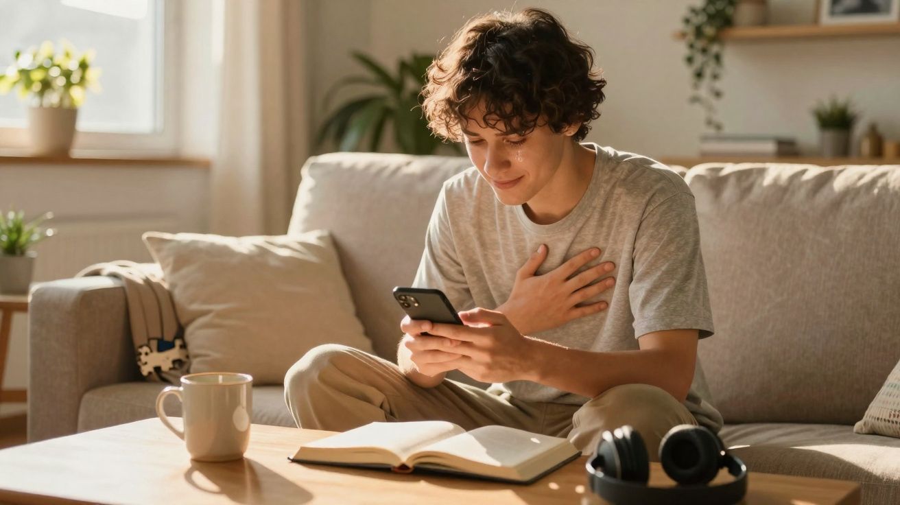 Jovem sentado no sofá lendo mensagem no celular com expressão emocionada, livro aberto e fones na mesa.
