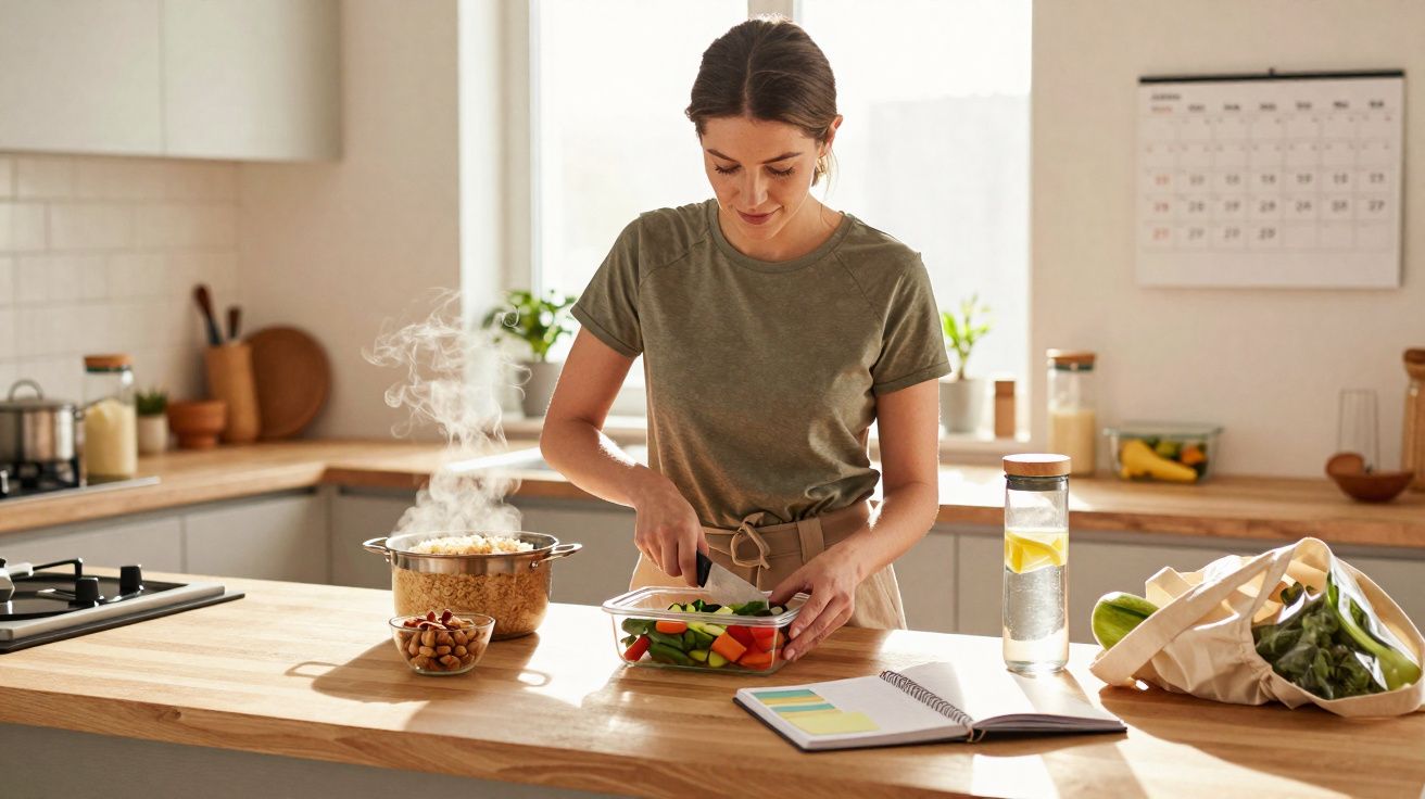 Mulher preparando refeição saudável em cozinha clara, com legumes, água e panela a vapor.