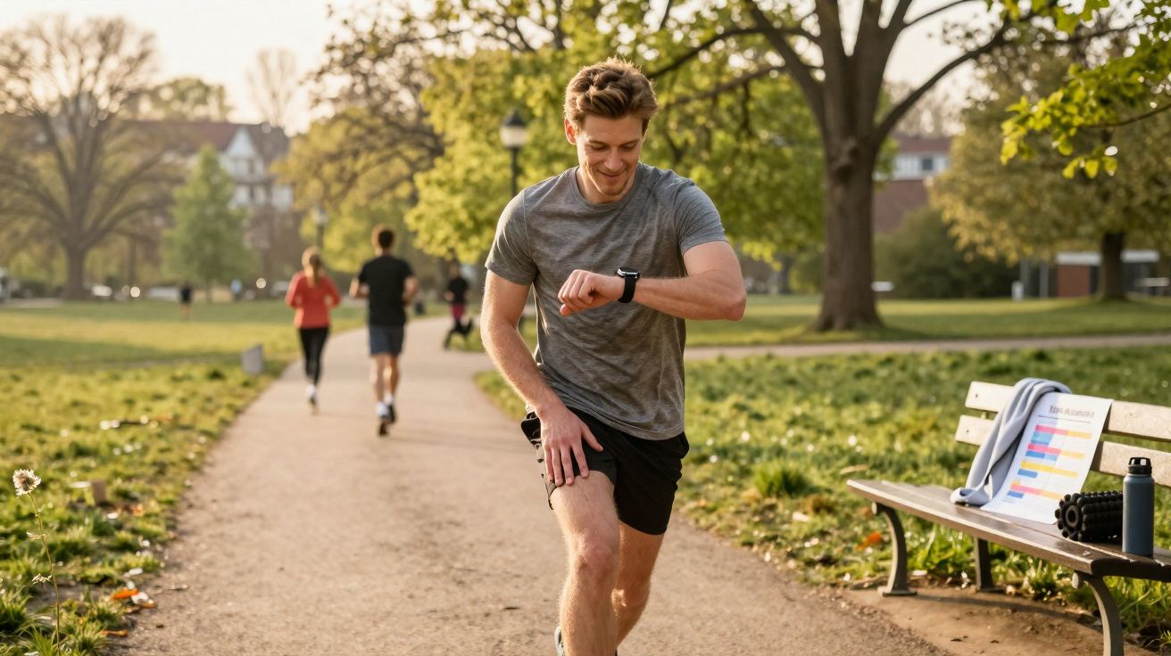 Homem correndo em parque durante o dia, olhando relógio inteligente e outras pessoas ao fundo.